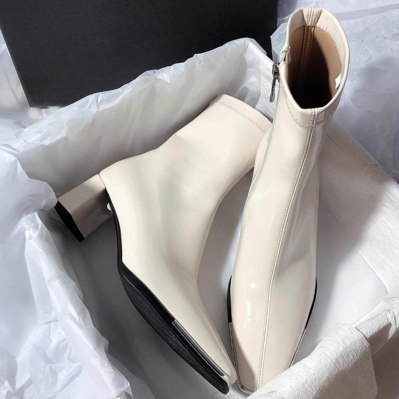 Autumn and Winter Elegant Square Head Thick Heel Side Zipper Solid Color Stitching Black High Heel Fashion Boots for Women