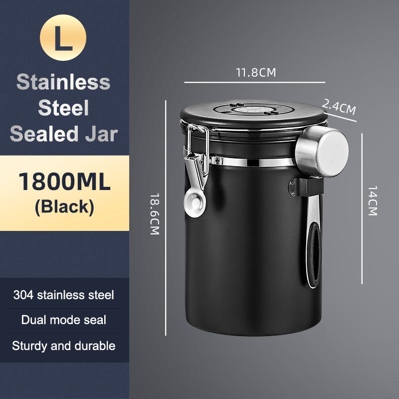 1.2 1.5 1.8L Coffee Bean Jar Airtight Canister Sealed Stainless Steel With Spoon One Way Valve Cannister Coffee Storage Kitchen