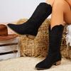 British Style Suede Pointed Toe Low-heeled Knight Boots for Winter 2025 New Plus-size Embroidered Sleeve Mid-leg Boots