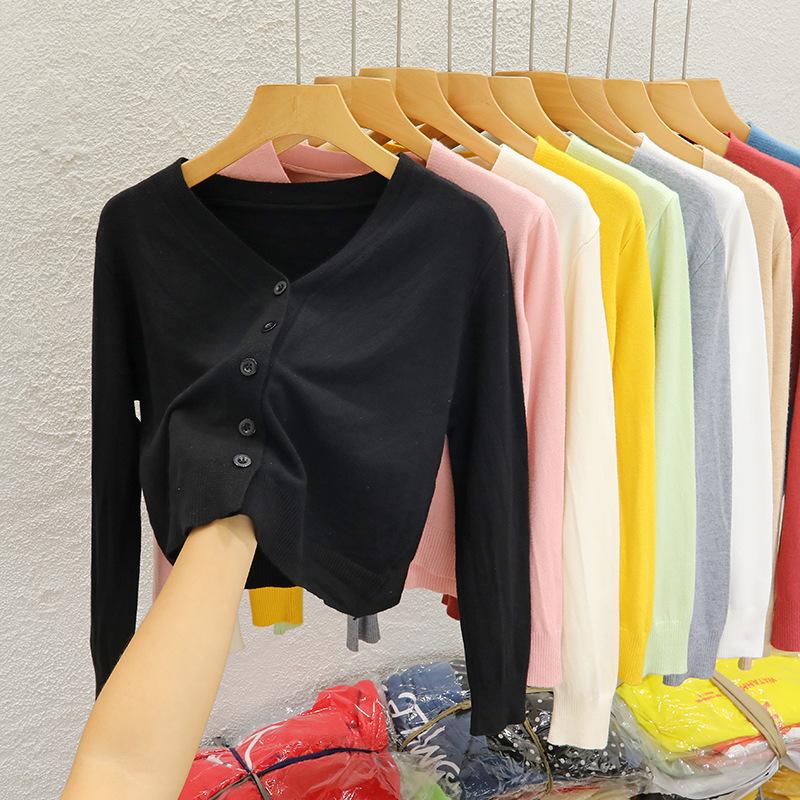 V-neck short knitted cardigan jacket women's spring and autumn new black outer sweater long-sleeved bottoming shirt top
