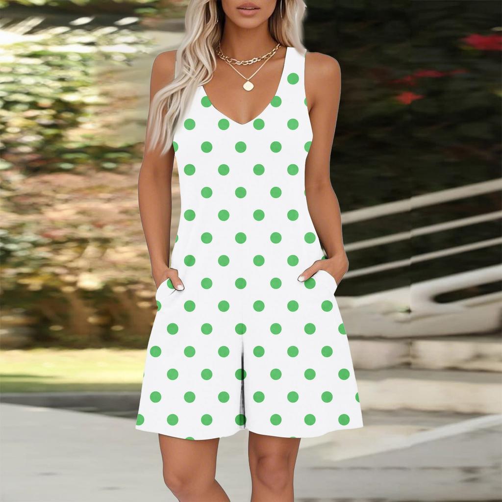 Ärmelloser Jumpsuit mit V-Ausschnitt und Print für Damen, Frühling und Sommer, lässige Jumpsuit-Shorts