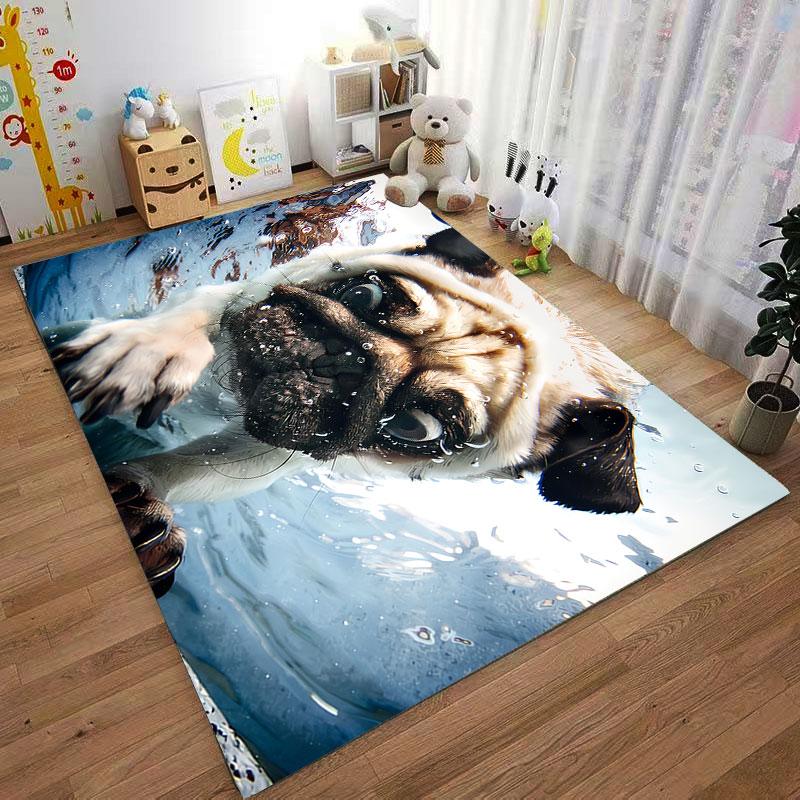 Swimming Pug Underwater Art suitable as a non-slip mat for the living room or bedroom sofa