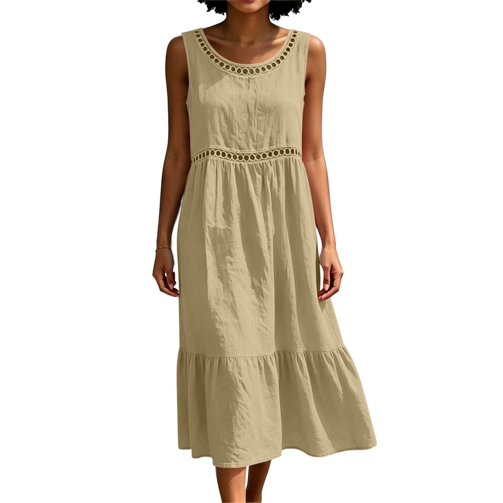 Women Sleeveless Crew Neck Cotton Linen Dress Hollow Out Lace Trim Midi Dress Summer Casual Loose Fit Solid Sundress