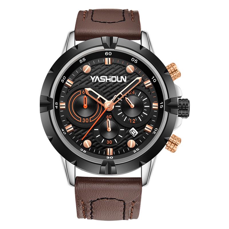 Men's Multi-functional Quartz Sports Watch with Genuine Leather Band