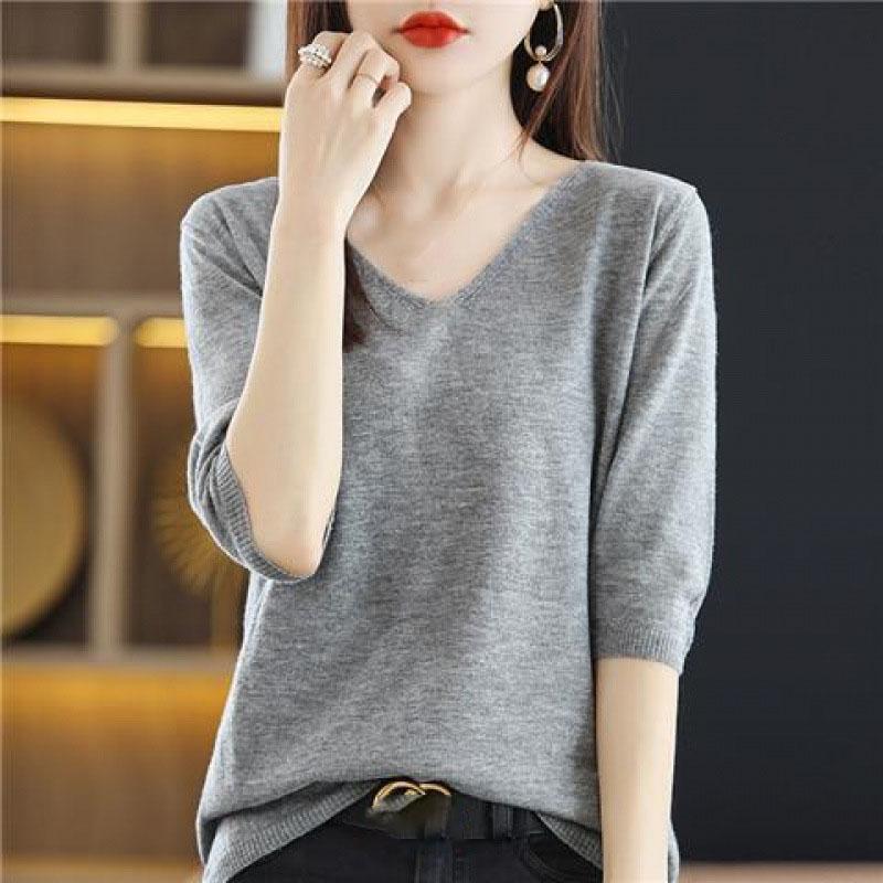 Spring Autumn V-neck Pullover Sweater Women's Mid-sleeve Undershirt Loose Five-sleeve Knitted Short-sleeved Women's Inner Top