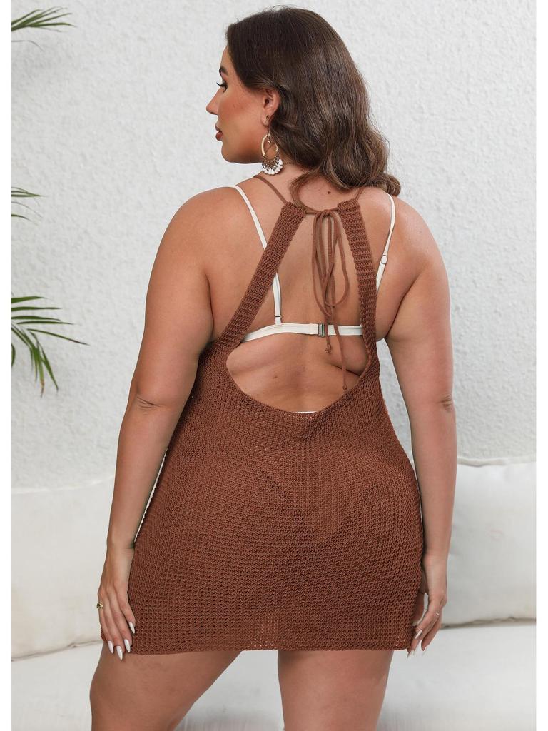 Plus Size Women's Knitted Tie-Up Backless Beach Cover-Up Dress F865