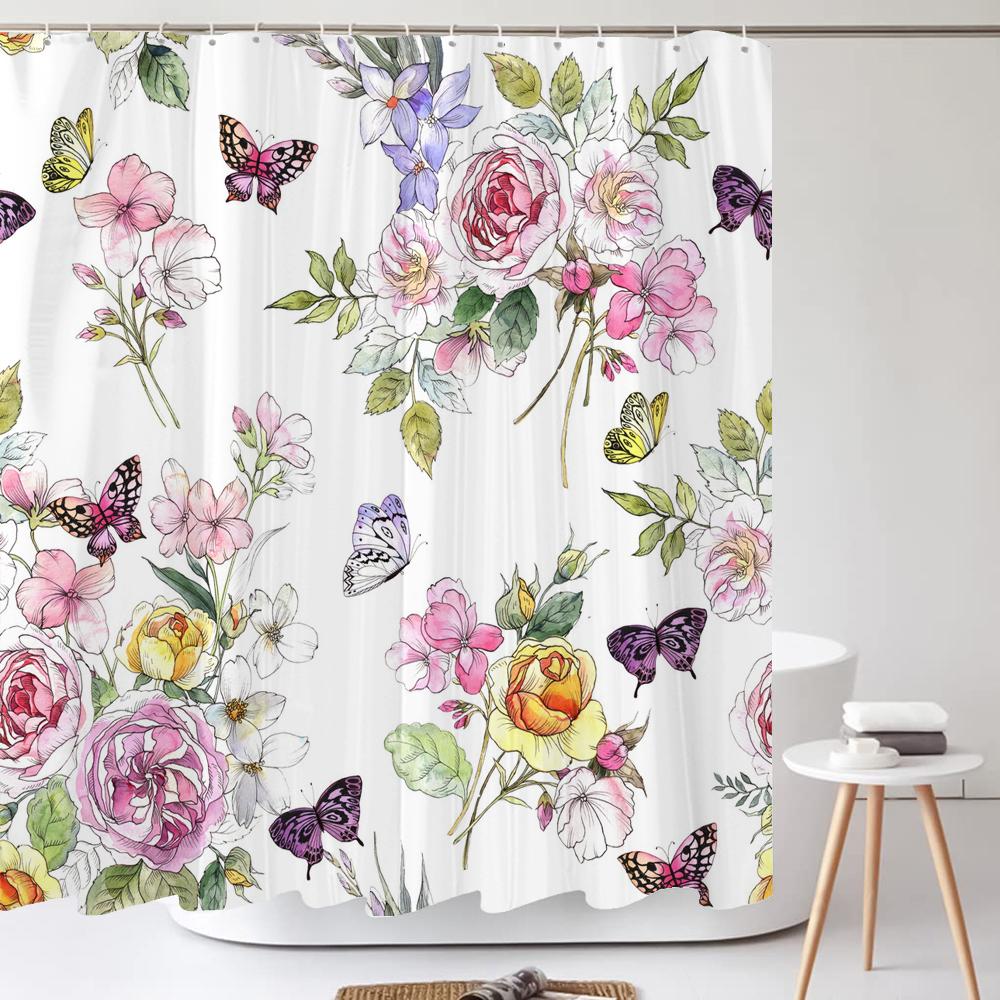Colorful Beautiful Fresh Flowers Shower Curtain Bathroom Waterproof Polyester Butterfly 3D Print Curtains for Bathroom Shower