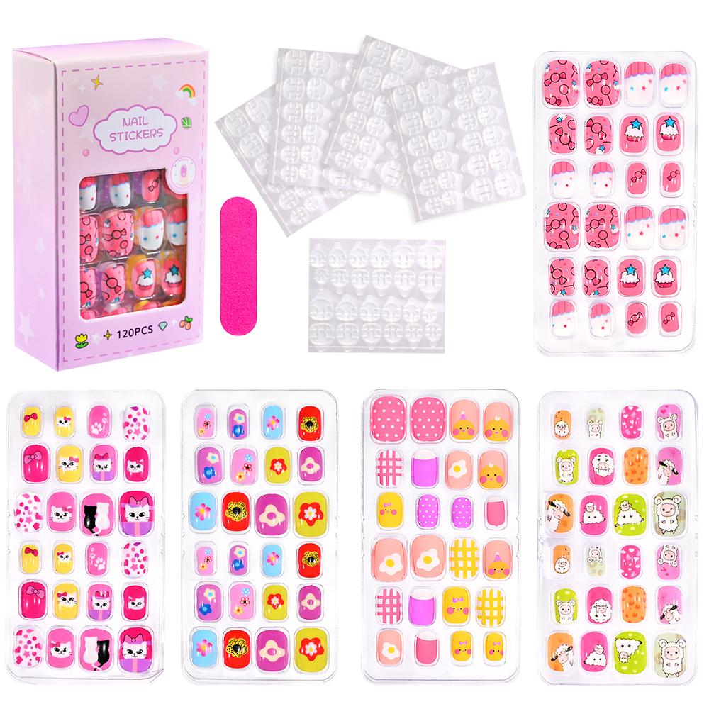 120Pcs Kids French Tip Press On Nails Short Round Pink Black Heart Flower Design Reusable False Nail Tips