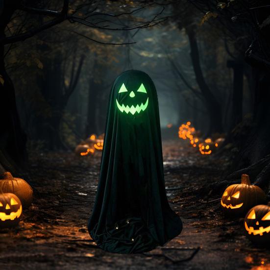 Halloween Ghost Decoration for Outdoor, Large Light Up Standing Ghost, Adjustable Spooky Black Ghost Decor for Porch, Yard Lawn