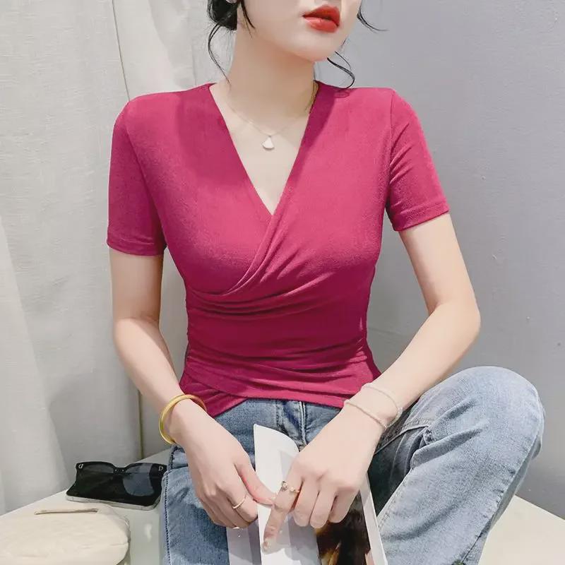 2024 Sommer V-Ausschnitt Slim Kurzarm Mesh T-Shirt Pullover für Damen