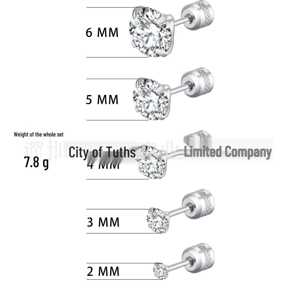 Mixed Round Zirconia Stud Earrings Set, Stainless Steel, Four-Prong Design.