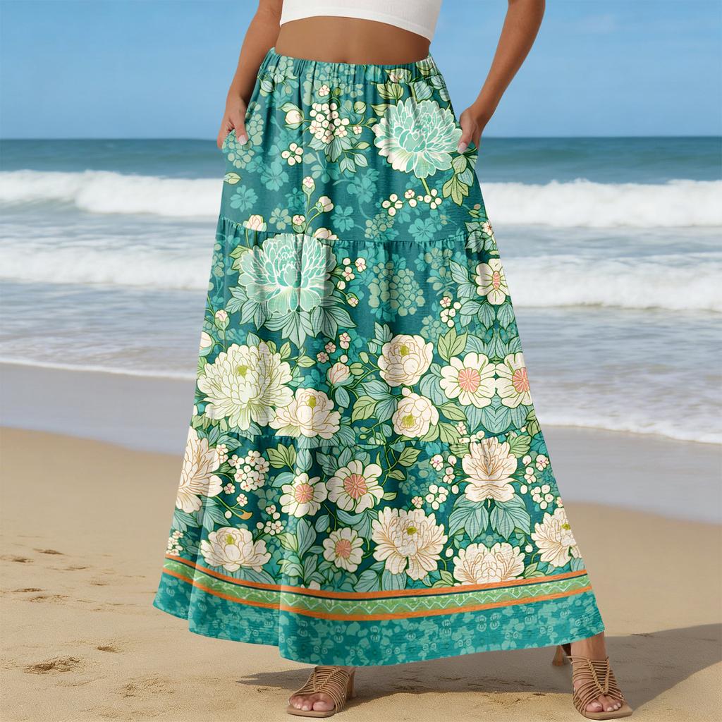 Women Elastic Waist Floral Print Boho Maxi Skirt with Pockets Lightweight A Line Long Skirt