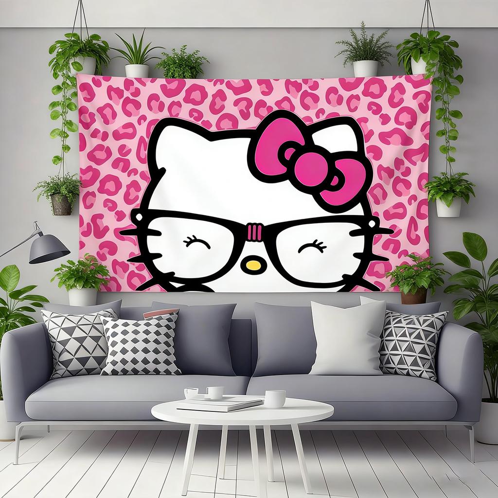 Sanrio Hello Kitty Pink Leopard Tapestry Glasses Cartoon Wall Hanging Home Cafe Decor Hello Kitty Fan Gift Flat Print
