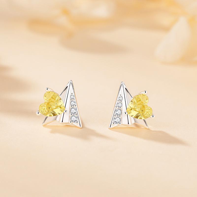 Tichia S925 Sterling Silver Heart & Airplane Zircon Stud Earrings for Women 925 Sterling Silver