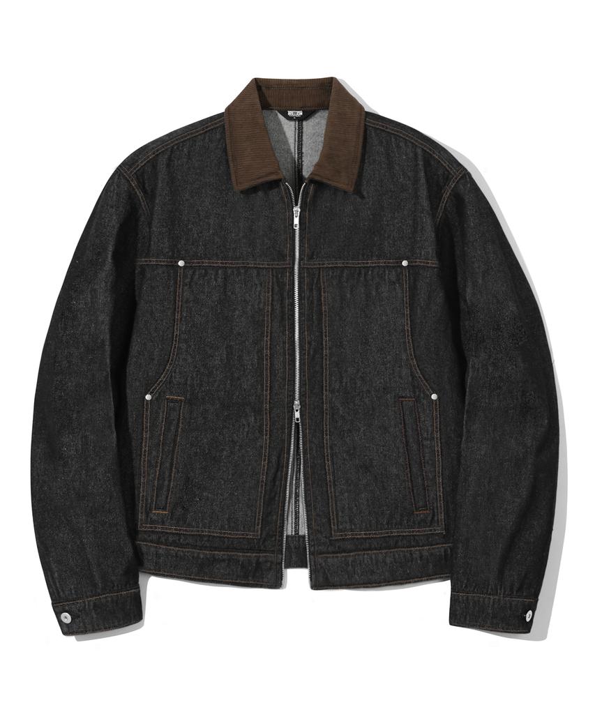 Trillion Corduroy Collar Denim Zip-Up Work Jacket (Black)