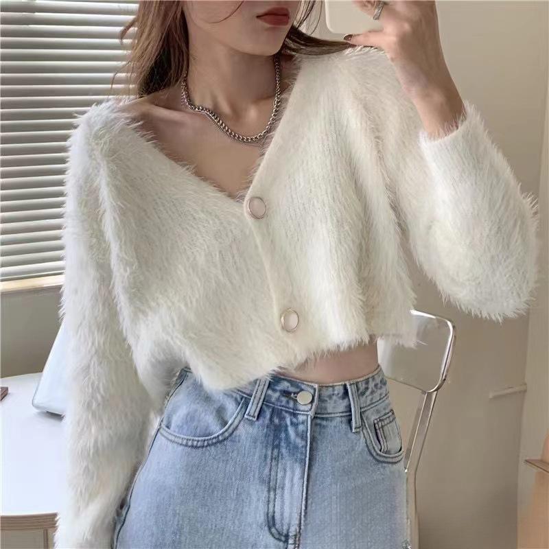 Women's V-neck Knitted Cardigan Sweater for Spring Slim Fit and Slimming Long Sleeved Top Knitted Jacket
