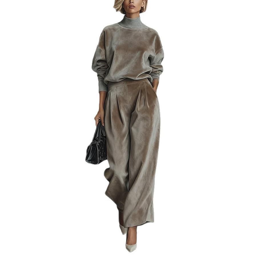 Fall Winter New High-End Fashion Women's Knit Long Sleeve Set Wide Leg Pants Two Piece Outfit