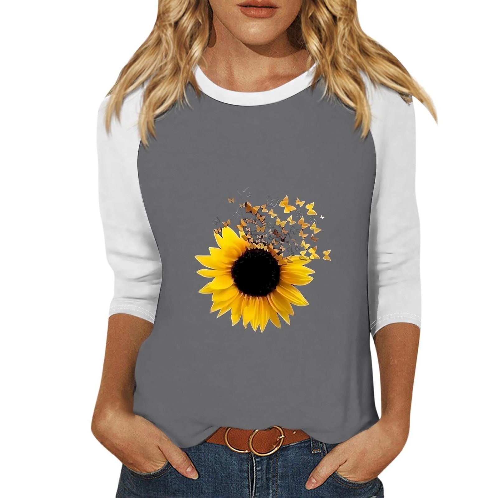 

Женская мода, повседневный топ с круглым вырезом и рукавами с разрезом в стиле пэчворк, с принтом подсолнечника и семью рукавами L