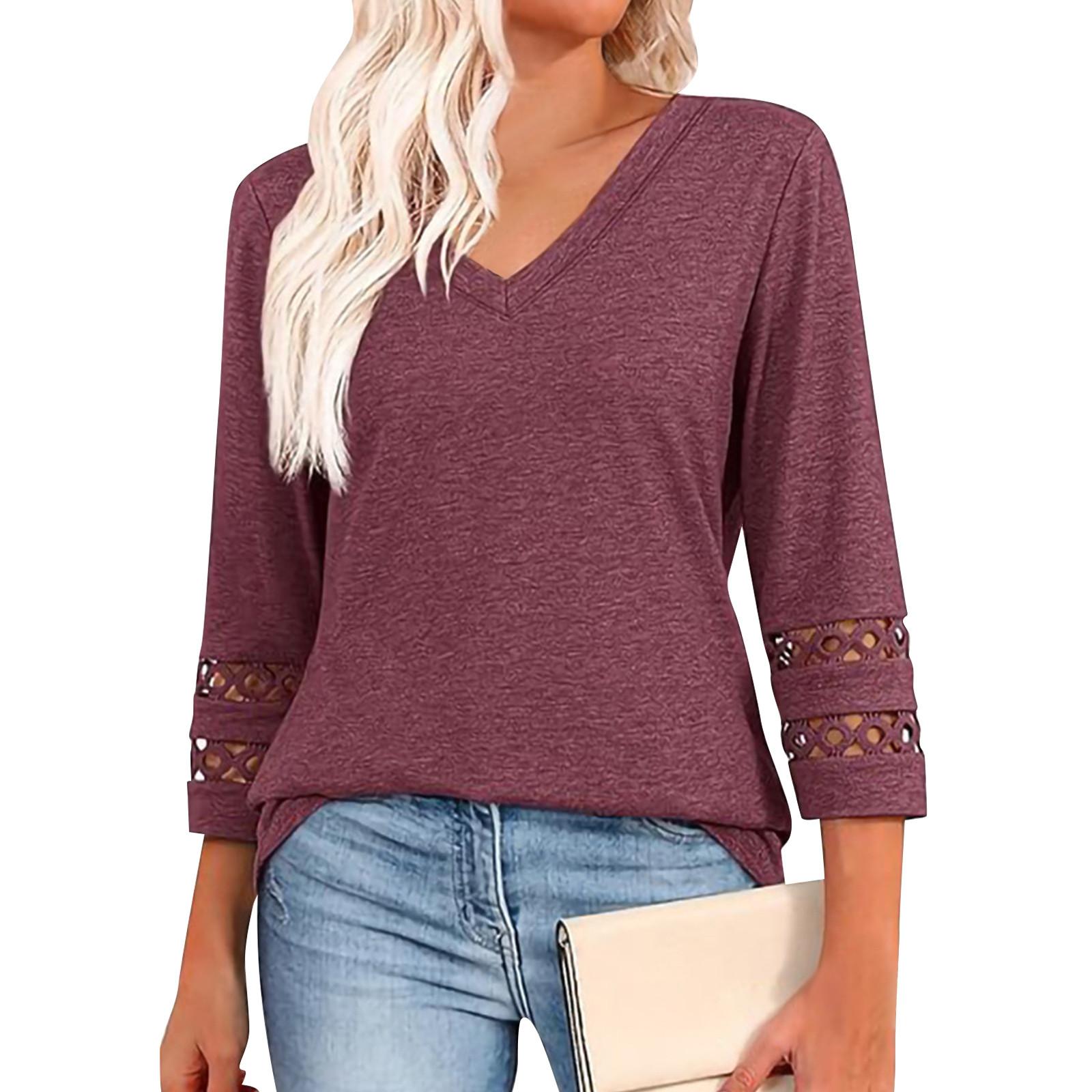 

Women s Fashion Solid Color Loose V-neck Hollow 3/4Sleeves Female Casual Tops S красный