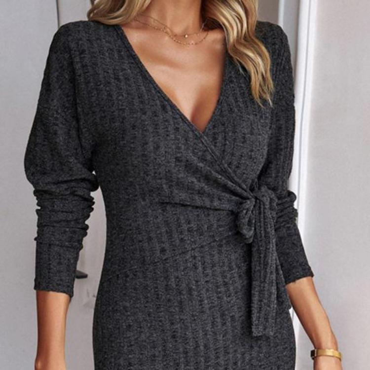 Women Cross V Neck Lace Up Sheath Dress Long Sleeves Knee Length Knitted Elastic Midi Dress Slim Fit Spring Fall Dress