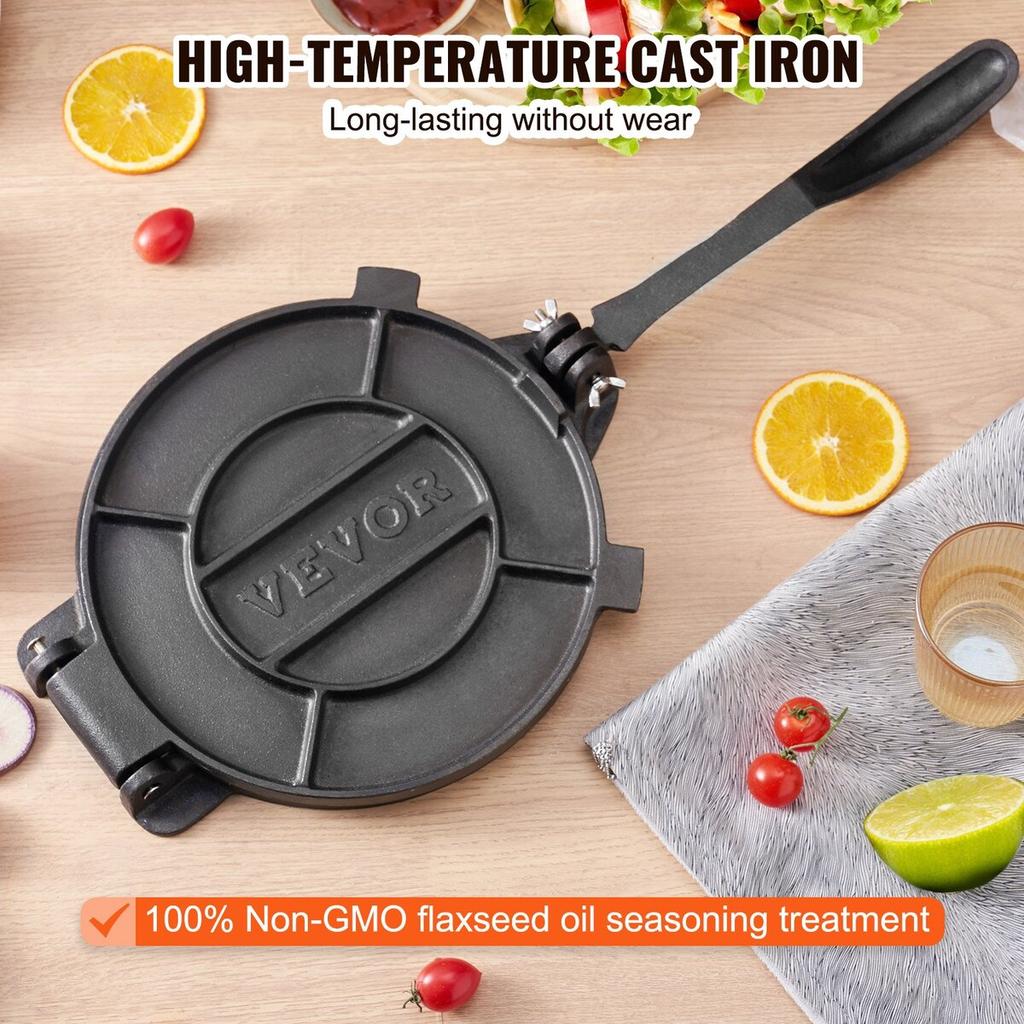 Tortilla Press, 8 Inch Tortilla and Roti Maker, Cast Iron Heavy Duty Tortilladora Press, Pre-Seasoned Pataconera Maker with 100 Pcs Parchment Paper,