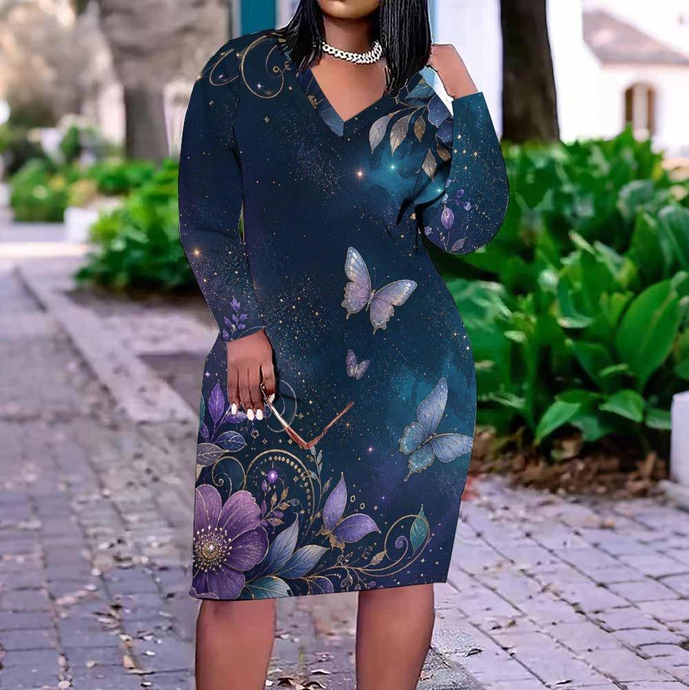 Women Plus Size V Neck Long Sleeve Butterfly Printed Fitted Straight Dress