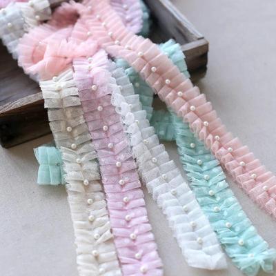 3 Mt/los 4 cm Breite Gute Qualität Weiß/Rosa/Mintgrün 2 schicht Dot Mesh Plissee Spitzenkragen Prinzessin appliques Perlen Borte