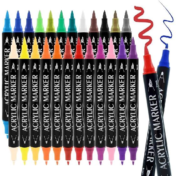 24 Colors Dual Tip Acrylic Paint Markers Pen Set with Brush Tip & Fine Tip Acrylic Marker Pens for Rock Wood Glass Fabric Canvas Paper Art Supplies