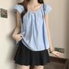 Women Summer New Loose Fit Blue Pleated Baby Doll Ruffle Sleeve Casual Blouse Shirt