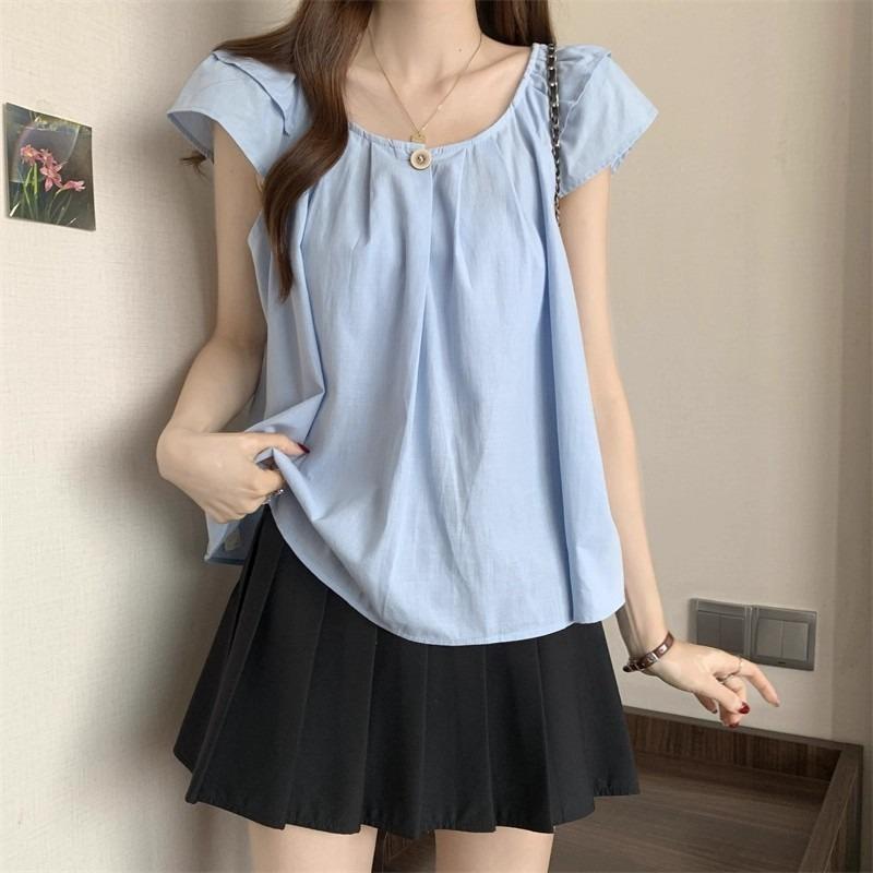 Women Summer New Loose Fit Blue Pleated Baby Doll Ruffle Sleeve Casual Blouse Shirt