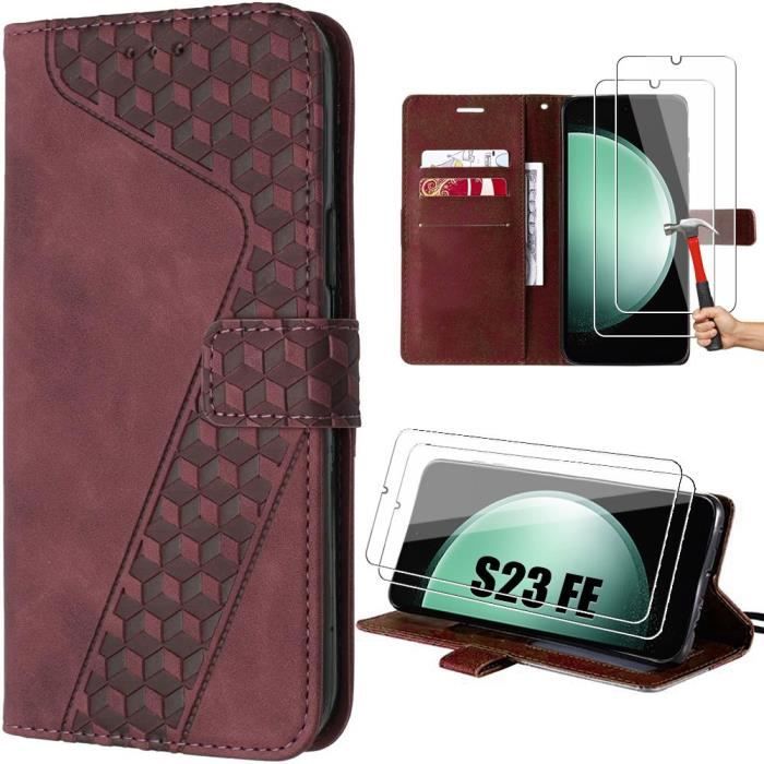 Coque de protection - Samsung - Galaxy S23 FE - Rouge - Effet Cuir - Portefeuille intégré
