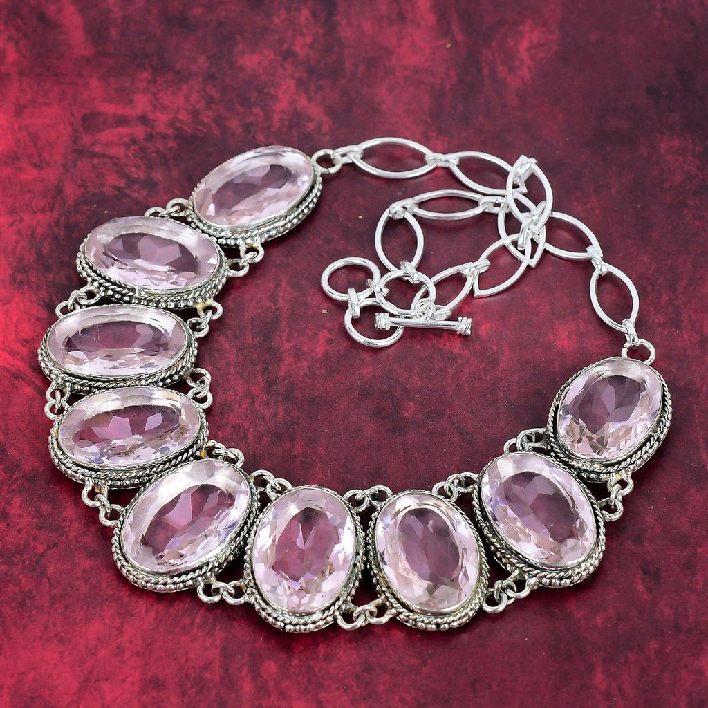 Faceted Pink Kunzite Bracelet, 925 Solid Sterling Silver Jewelry Set, Handmade Bracelet & Necklace, Gemstone Adjustable Chain Jewelry For Her