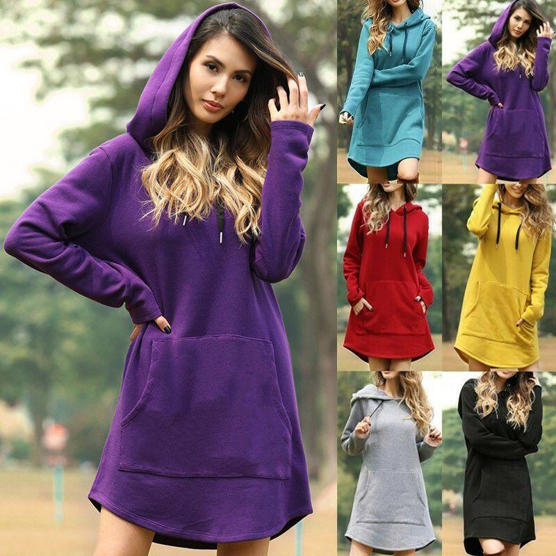 Cozy Womens Winter Long Sleeve Tunic Tops Pullover Hoodie Dress In Six Colors