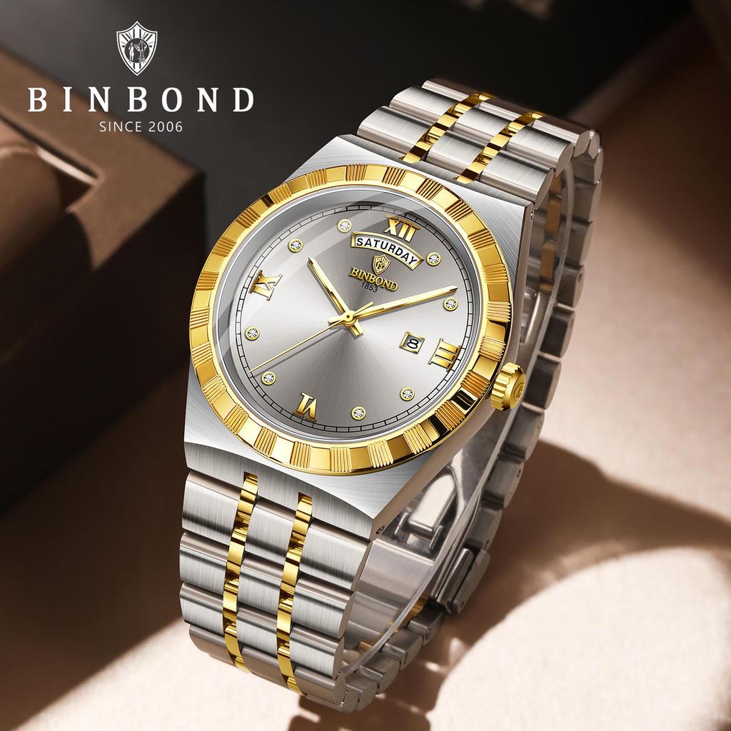 BINBOND Luxury Ultra-Thin Men's Quartz Watch, Rhinestones, Waterproof, Luminous Double Calendar Wristwatch.
