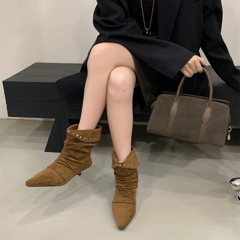 European and American fashion rivet pleated piled boots women's 2025 new suede small square head thin heel thin temperament short boots