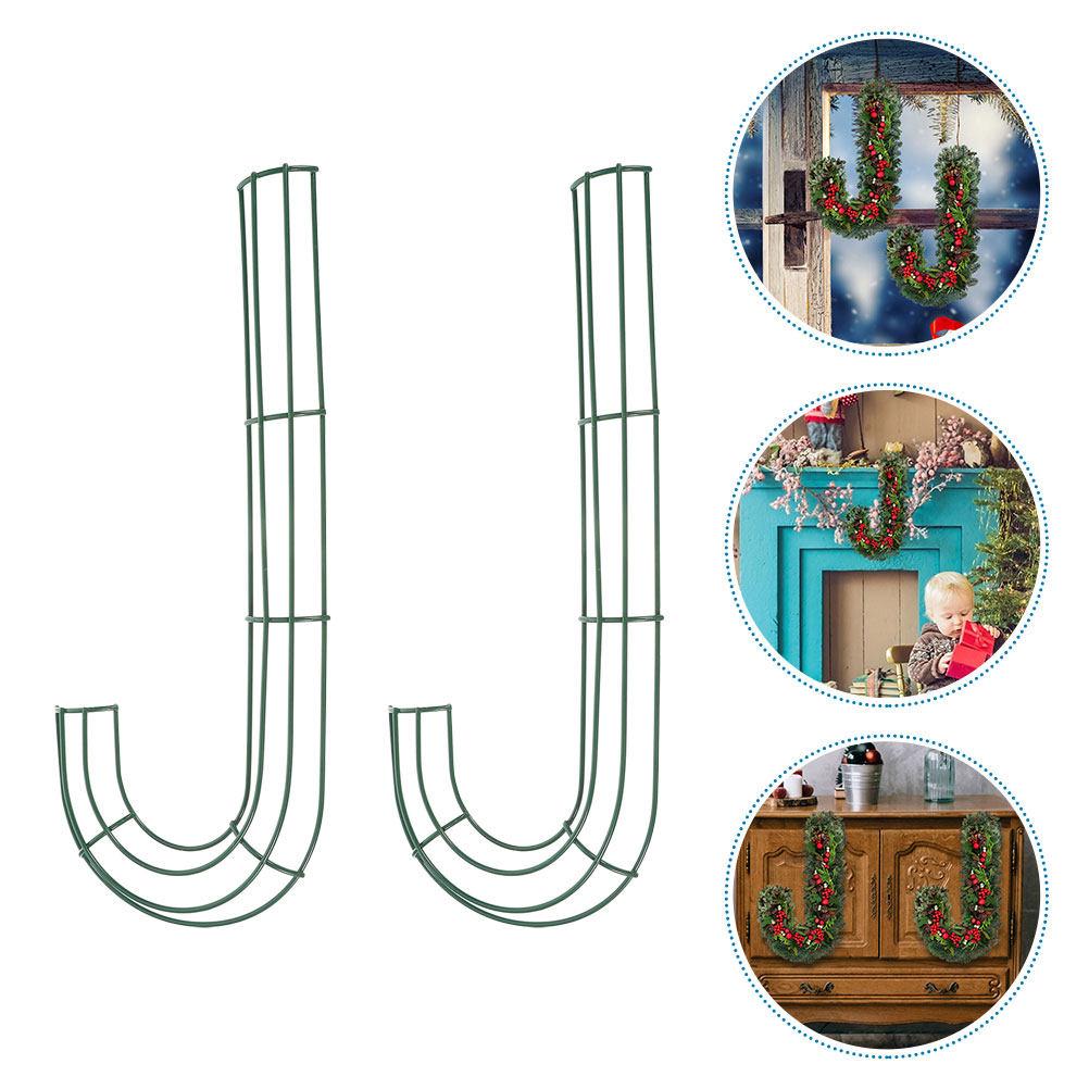2Pcs J-Shaped Candy Cane Wreath Frame Iron Metal DIY Christmas Wreath Ring for Indoor Outdoor Decor Holiday Party Crafting