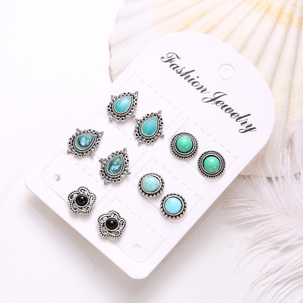 New Trends 5 Pairs Of Jewelry Dazzling Turquoise Gemstones Bohemian Earrings Stud Earrings