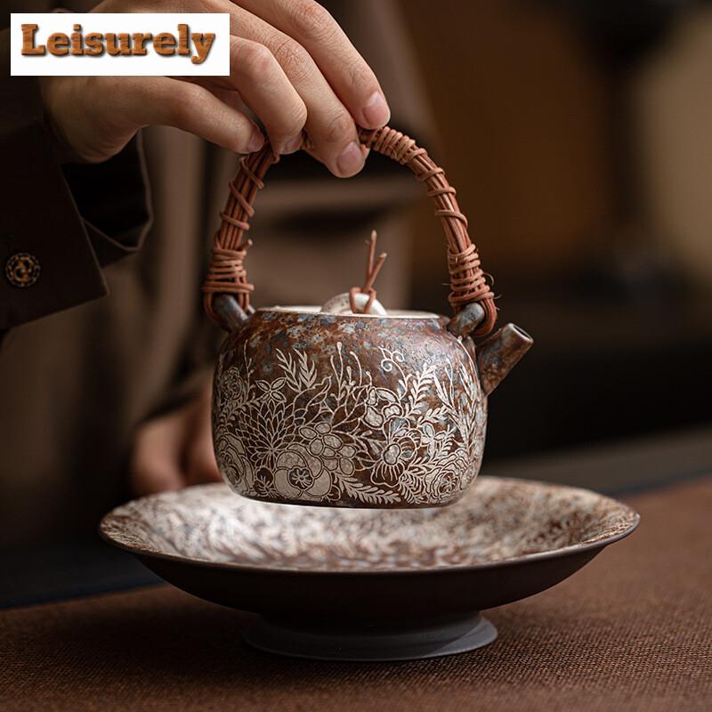 230ml Retro Old Rock Mud Vine Weaving Beam Teapot Flower Gilded Silver Pot Tea Brewing Kettle Ball Filter Kung Fu Teaset Gifts
