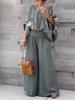 2026 Women's V-Neck Cotton Linen Print Top & Long Pants Casual Set