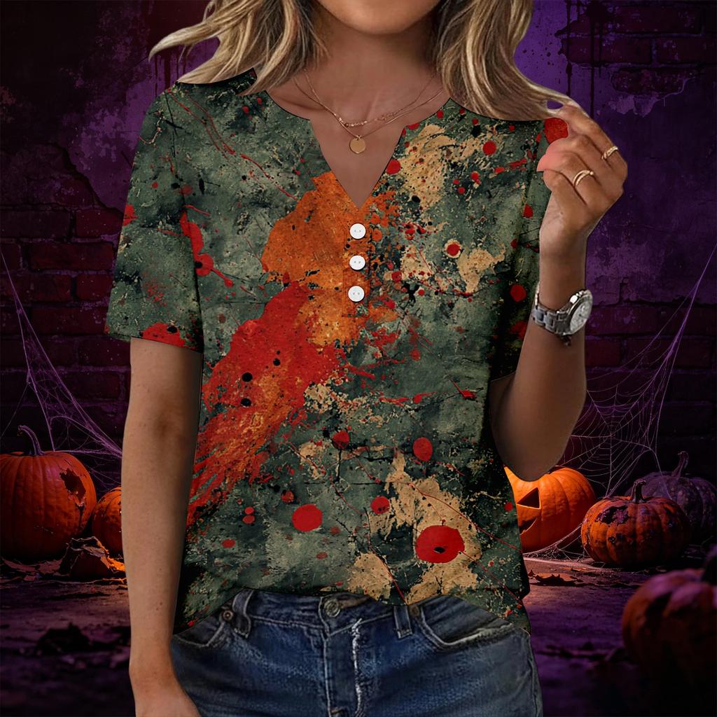 Women’s Casual Halloween Print V Neck Short Sleeve T Shirt Top with Decorative Button for Everyday Wear