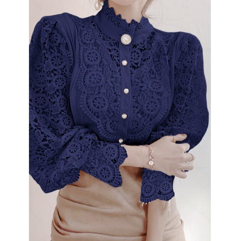 Vintage bavlněné bílé krajkové košile topy volné ležérní halenky dutá háčkovaná květinová halenka s dlouhým rukávem dámské košile Blusas 12928