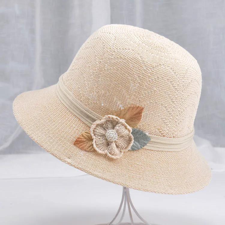 

WTEMPO Модные шляпы рыбака, женские летние шляпы с ажурными цветами и жемчугом, однотонные вязаные шапки для путешествий 1pc абрикосовый