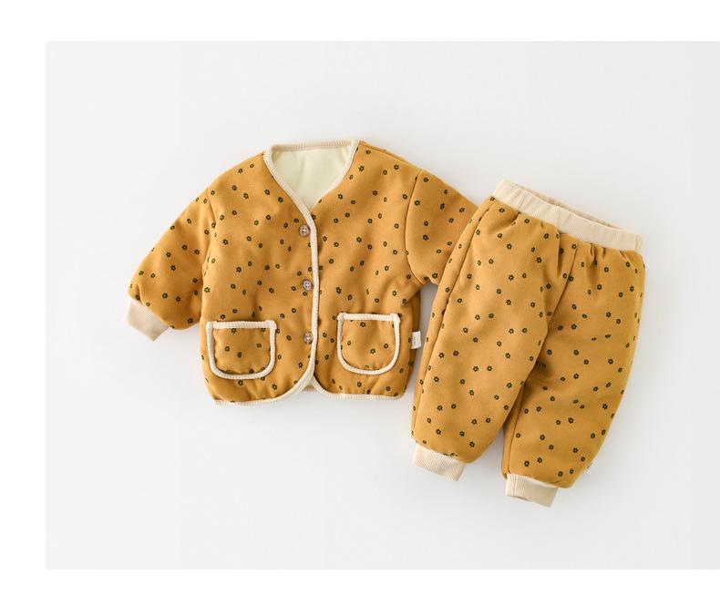 Korean Winter Children Girls 2PCS Clothes Cotton Thicken Floral Border Kid Jogger Pants Suit Long Sleeve Single Breasted Outfit