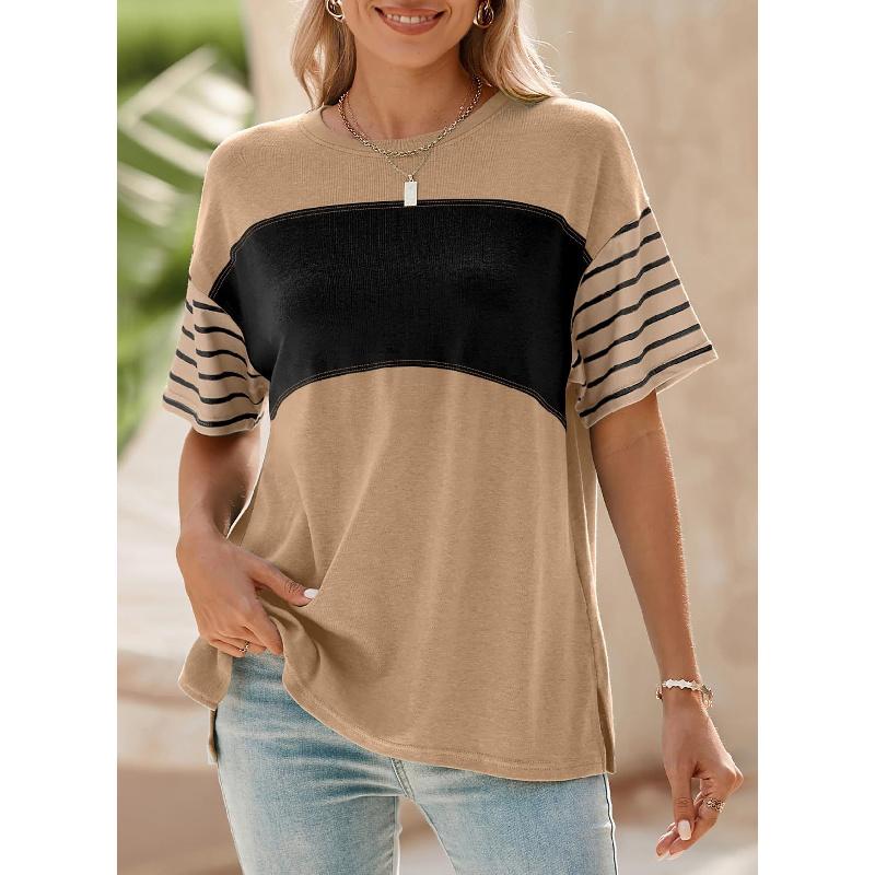 

2026 Women s Spring/Summer New Pullover Round Neck Casual Striped Contrast Color Short Sleeve T-Shirt for Women XXL