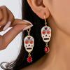 Skull Print Inlaid with Red Water Drop Fringed Stud Earrings Cartoon Halloween Earrings