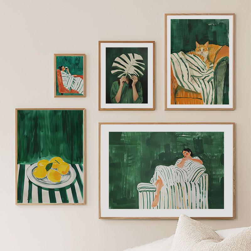 Green Striped Girl Lemon Leaf Wall Art Canvas Painting Abstract Posters And Prints Hotel Bar Wall Pictures For Living Room Decor