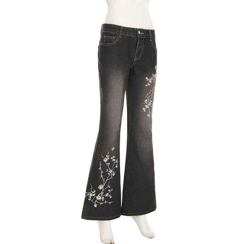 Women's Pant  Botanical Floral Embroidery Slim Thin Spice Girls Fashion Retro Hundred Old Do Old Casual Flare Jeans
