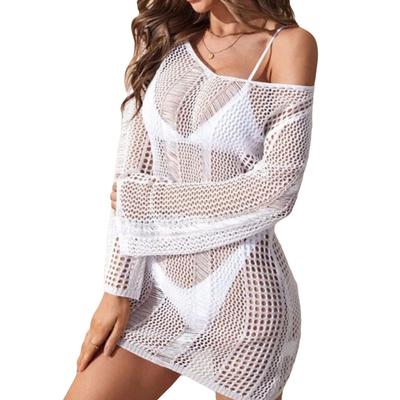 Damen Häkelkleid mit Cut-Out Langarm Rückenfrei Bodycon Überwurf Durchbrochenes Kleid für Damen