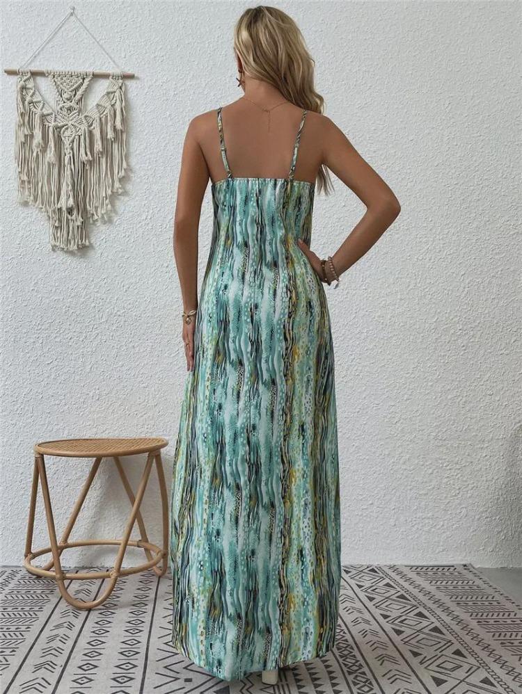 Spring Summer Women Fashion European American Style Printed Suspender Dress