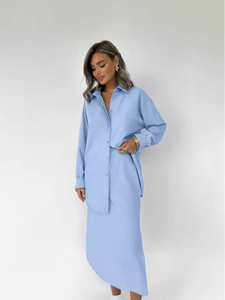 Elegant Lady 2025 Cross-Border 2-Piece Set: Long Sleeve Shirt & High Waist Slit Skirt